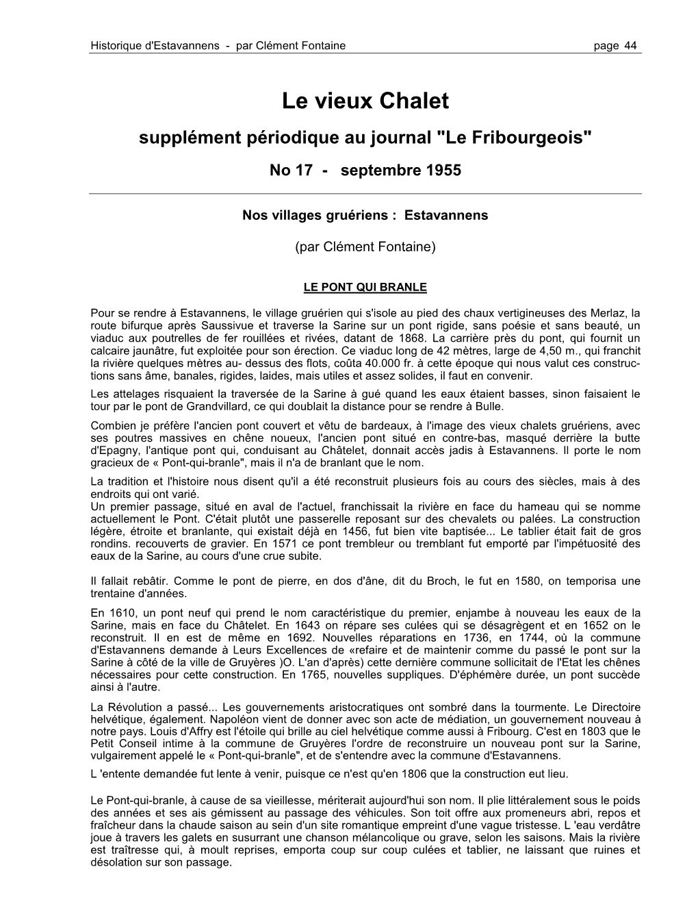 Le Vieux Chalet Supplément Périodique Au Journal "Le Fribourgeois" No 17 - Septembre 1955