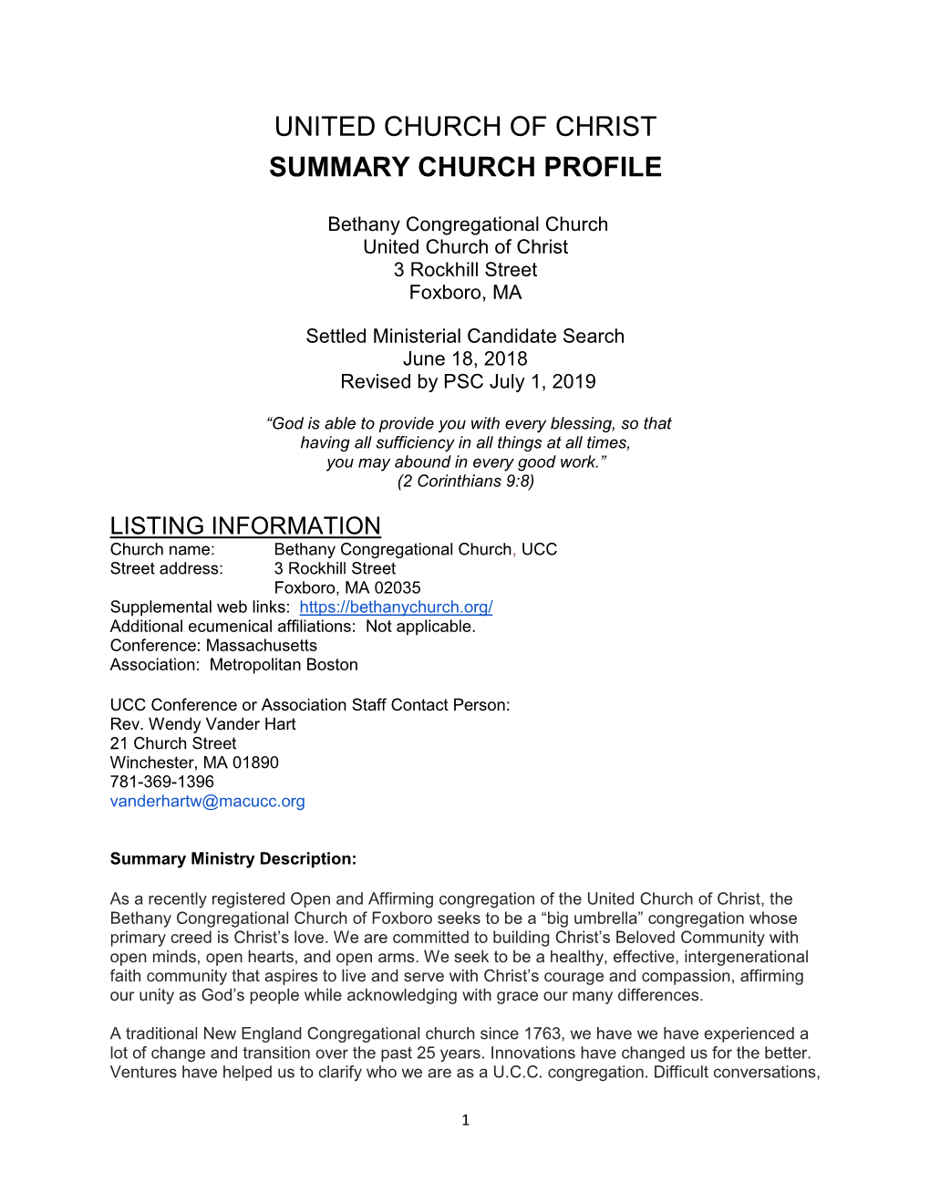 United Church of Christ Summary Church Profile