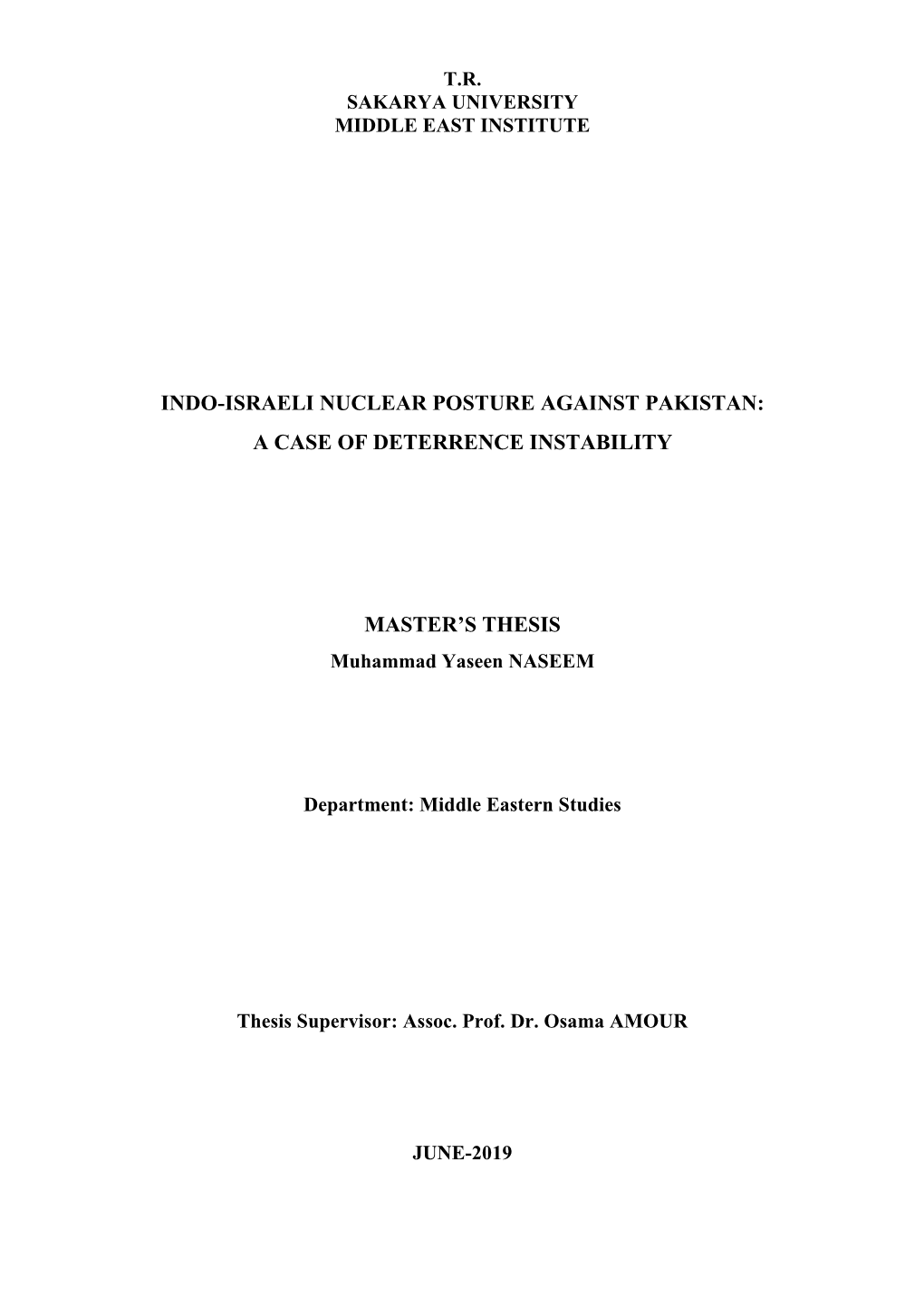 Indo-Israeli Nuclear Posture Against Pakistan: a Case of Deterrence Instability