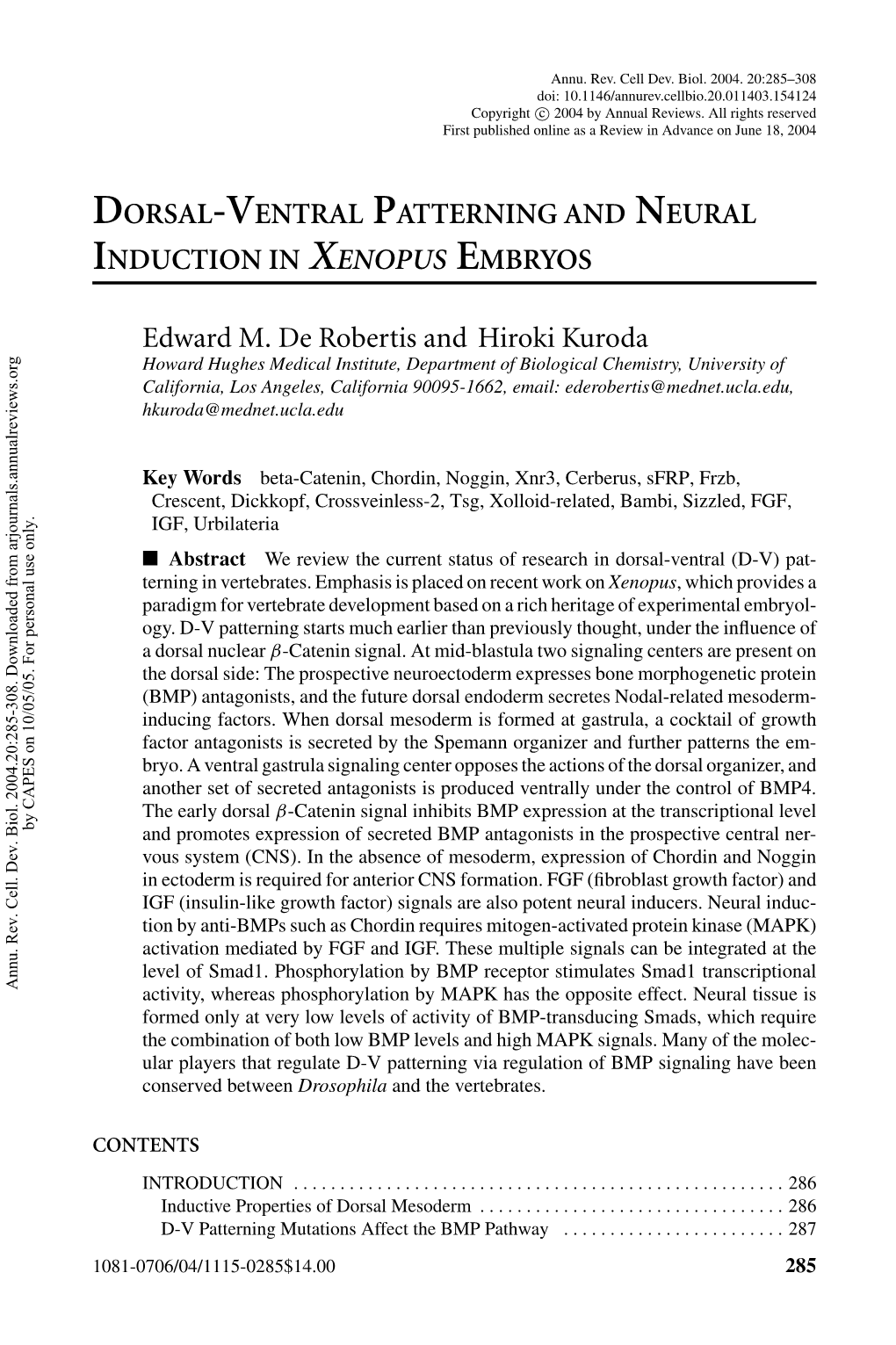 Dorsal-Ventral Patterning and Neural Induction in Xenopus Embryos