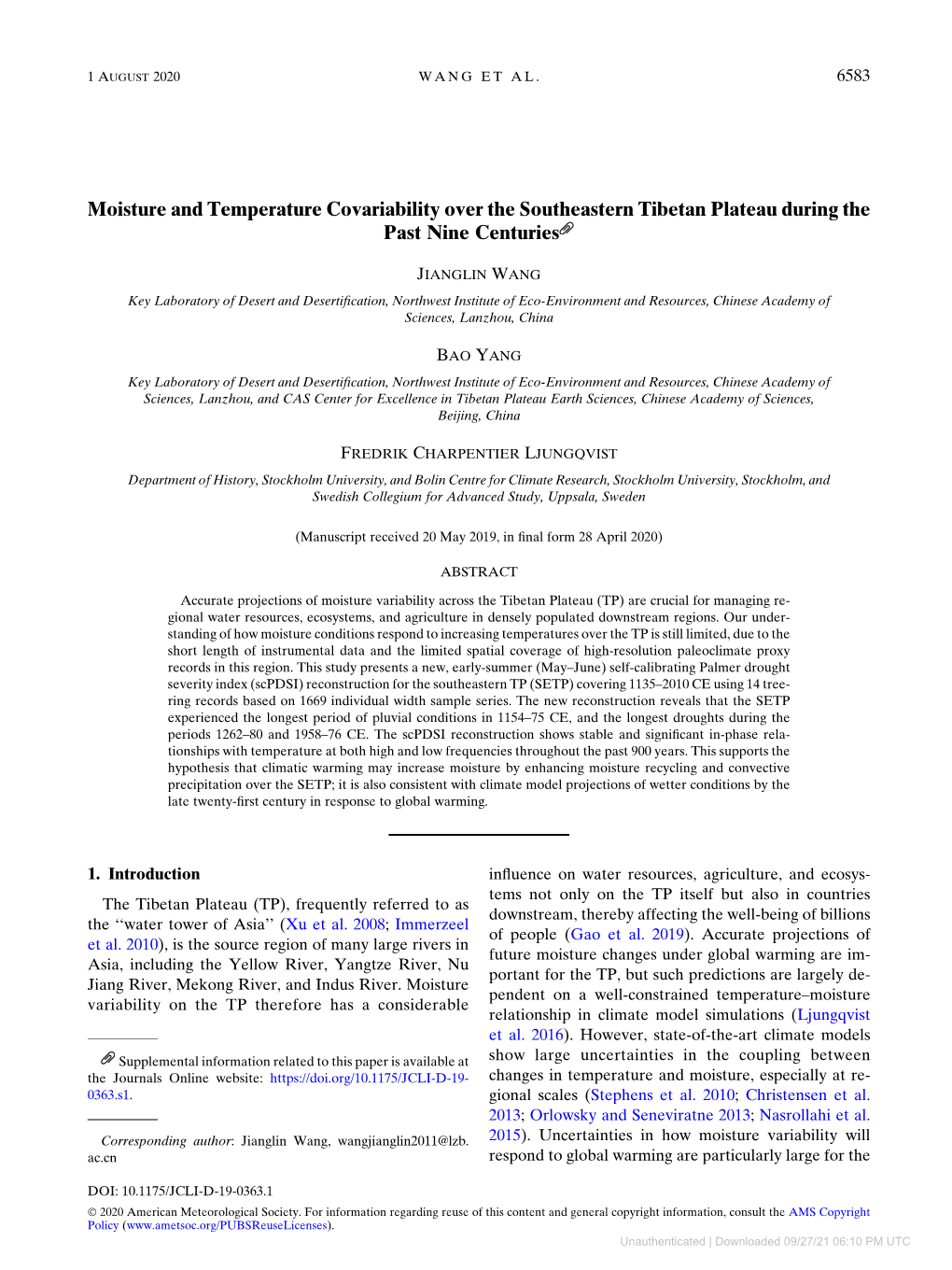 Moisture and Temperature Covariability Over the Southeastern Tibetan Plateau During the Past Nine Centuries