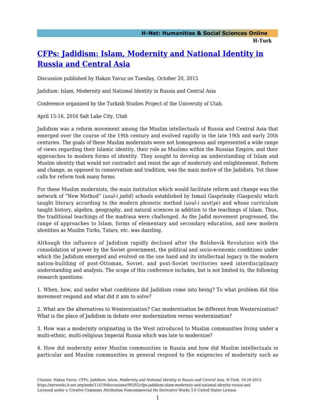 Cfps: Jadidism: Islam, Modernity and National Identity in Russia and Central Asia