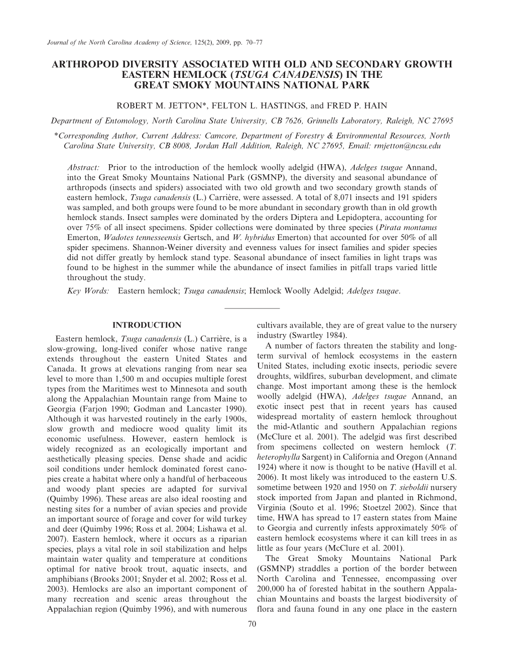 Arthropod Diversity Associated with Old and Secondary Growth Eastern Hemlock (Tsuga Canadensis) in the Great Smoky Mountains National Park