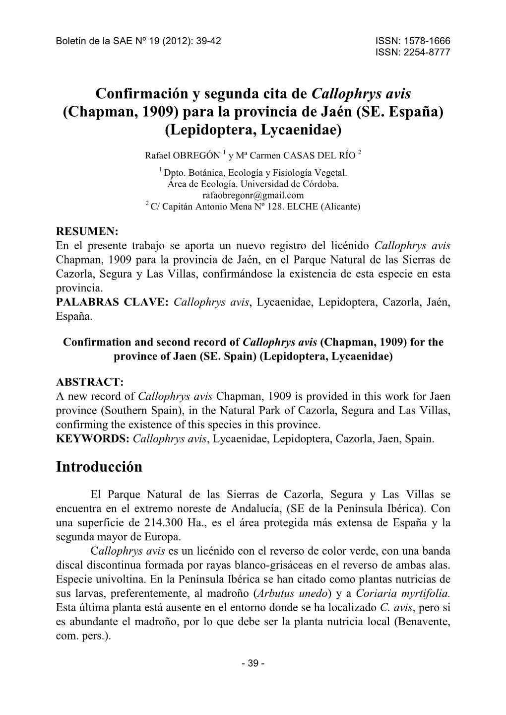 Confirmación Y Segunda Cita De Callophrys Avis (Chapman, 1909) Para La Provincia De Jaén (SE