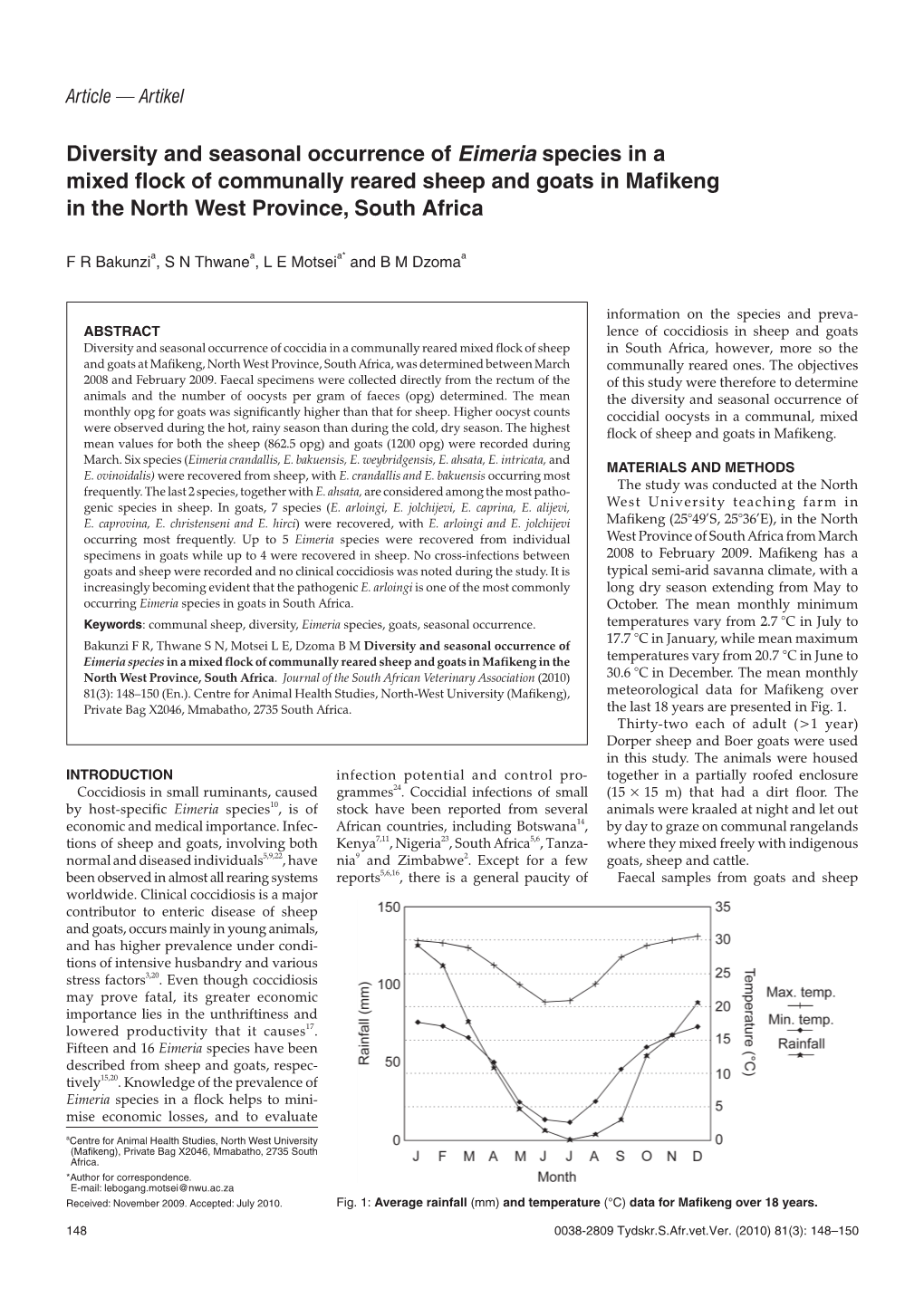 Diversity and Seasonal Occurrence of Eimeria Species in a Mixed Flock of Communally Reared Sheep and Goats in Mafikeng in the North West Province, South Africa