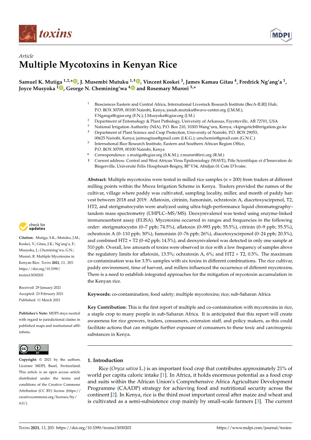 Multiple Mycotoxins in Kenyan Rice