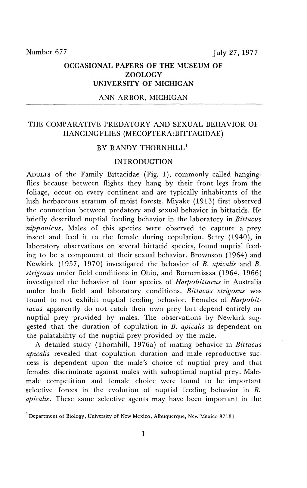 Number 677 July 27, 1977 OCCASIONAL PAPERS of the MUSEUM of ZOOLOGY UNIVERSITY of MICHIGAN ANN ARBOR, MICHIGAN the COMPARATIVE P