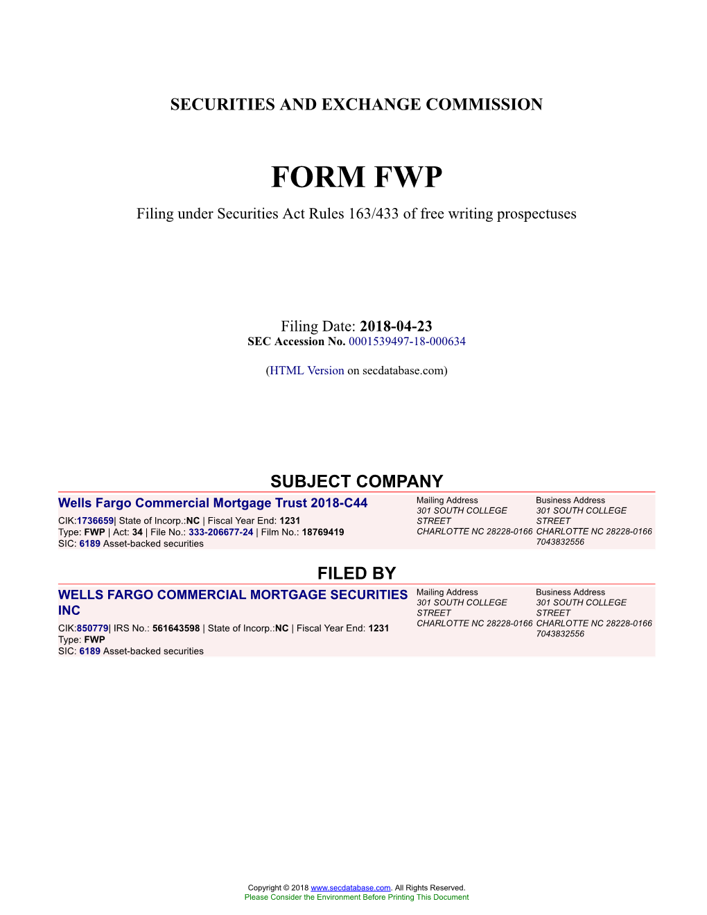 Wells Fargo Commercial Mortgage Trust 2018-C44 Form FWP Filed