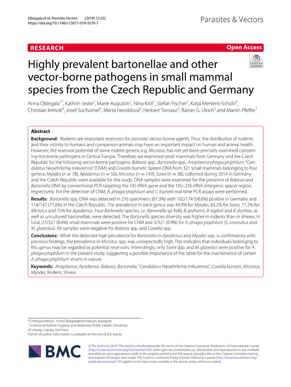 Highly Prevalent Bartonellae and Other Vector-Borne Pathogens in Small