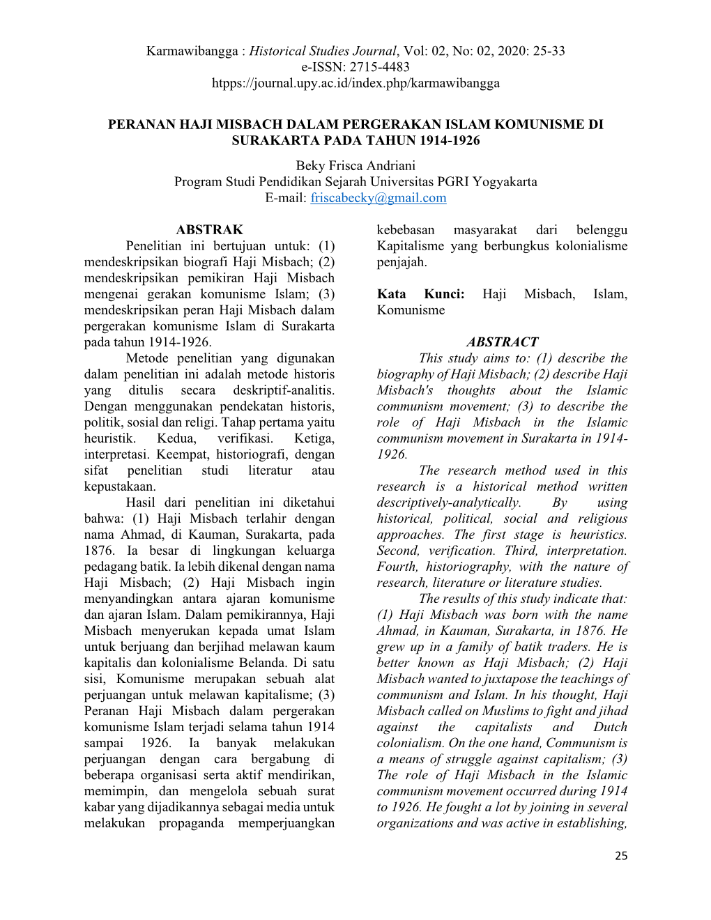 Karmawibangga : Historical Studies Journal, Vol: 02, No: 02, 2020: 25-33 E-ISSN: 2715-4483 Htpps://Journal.Upy.Ac.Id/Index.Php/Karmawibangga