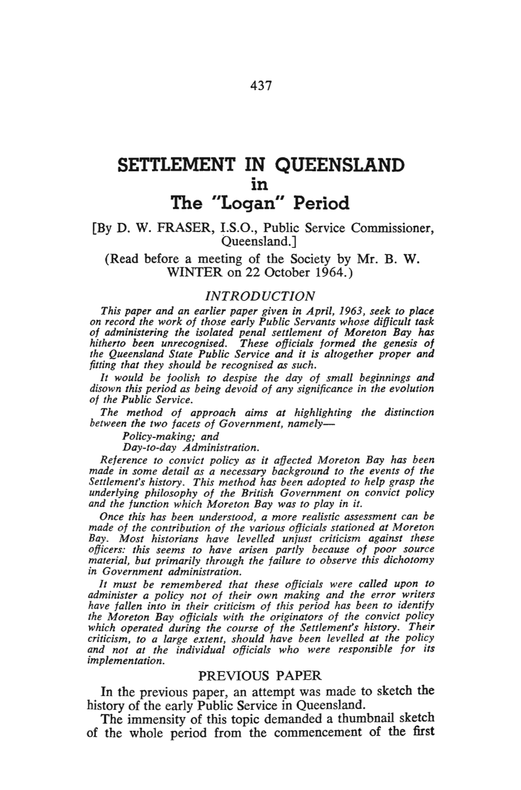SETTLEMENT in QUEENSLAND in the "Logan" Period [By D