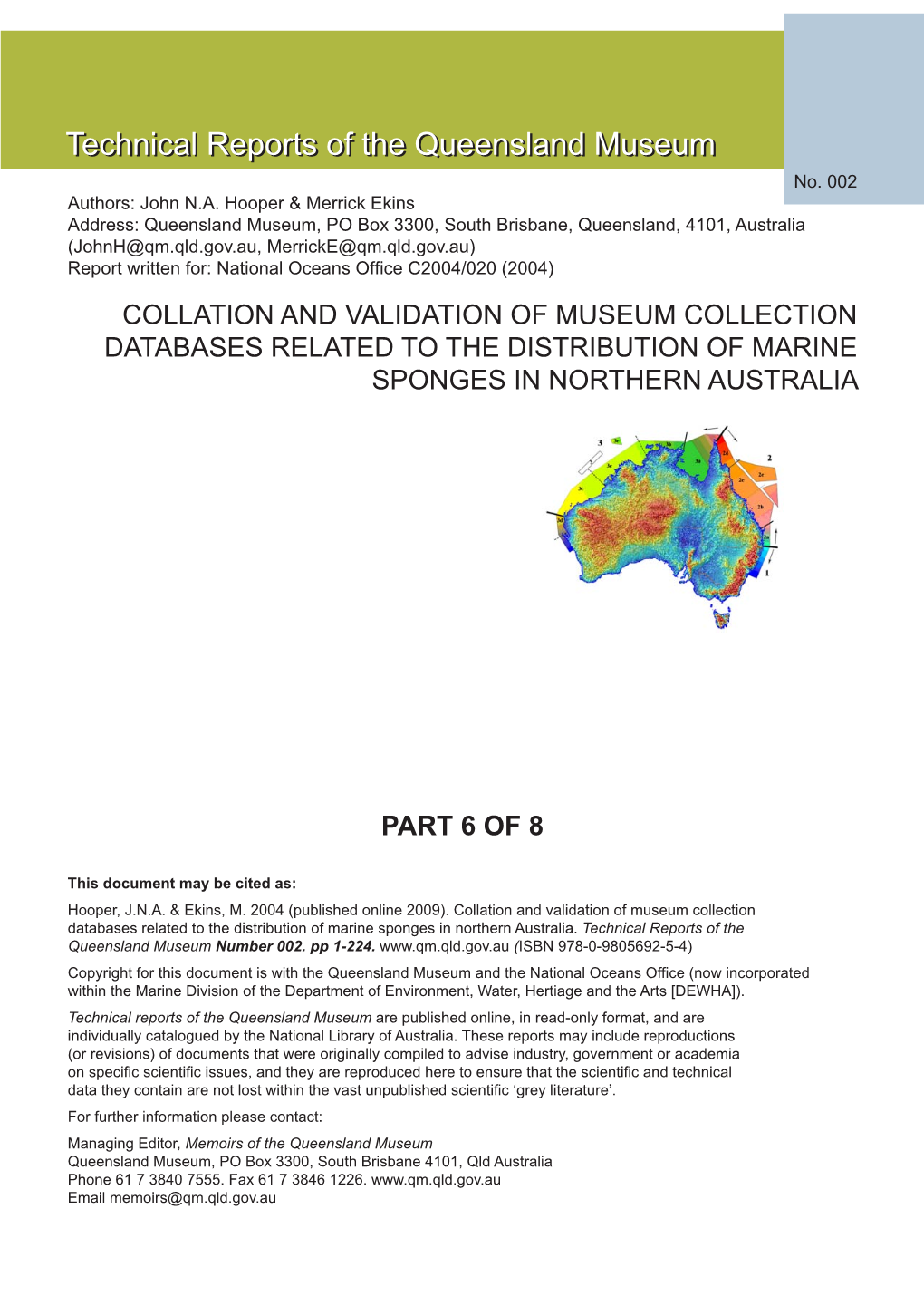 Collation and Validation of Museum Collection Databases Related to the Distribution of Marine Sponges in Northern Australia