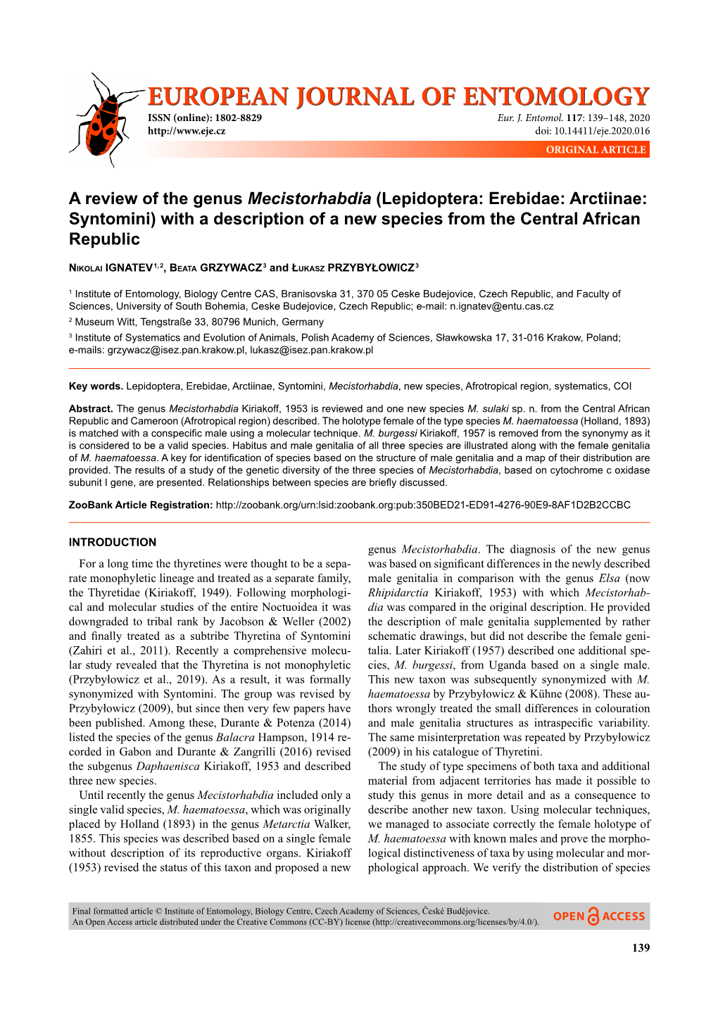 A Review of the Genus Mecistorhabdia (Lepidoptera: Erebidae: Arctiinae: Syntomini) with a Description of a New Species from the Central African Republic