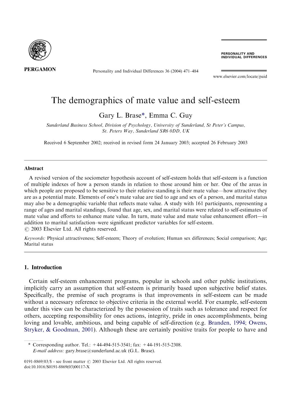 The Demographics of Mate Value and Self-Esteem