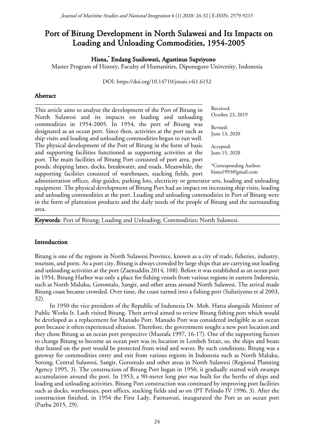 Port of Bitung Development in North Sulawesi and Its Impacts on Loading and Unloading Commodities, 1954-2005