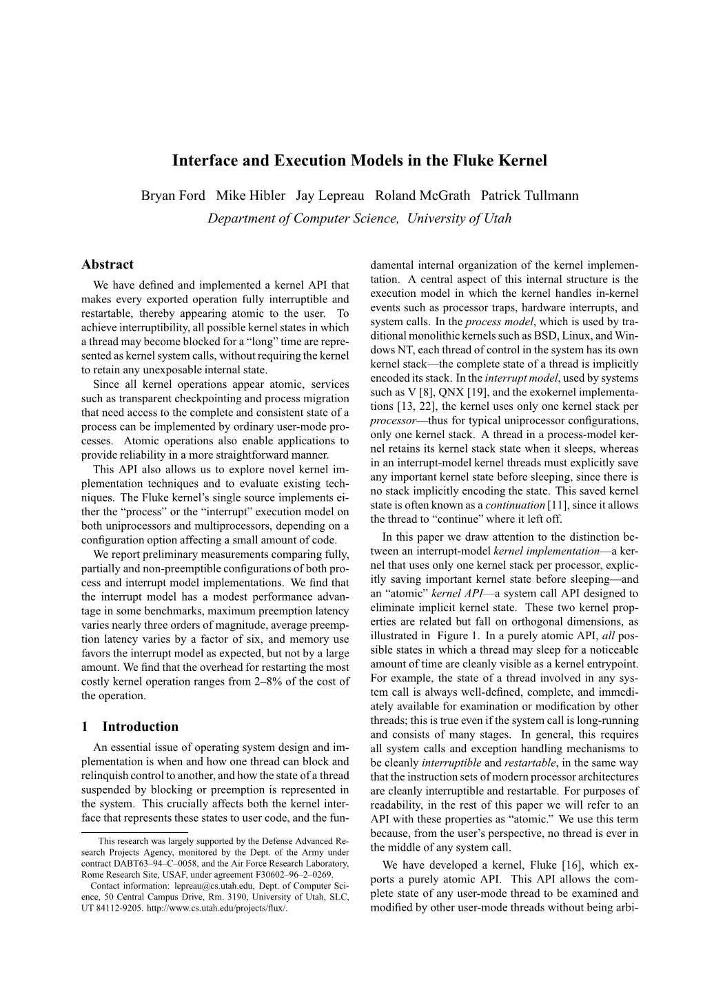 Interface and Execution Models in the Fluke Kernel
