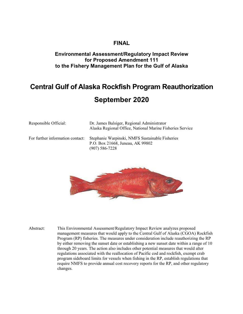 Central Gulf of Alaska Rockfish Program Reauthorization September 2020