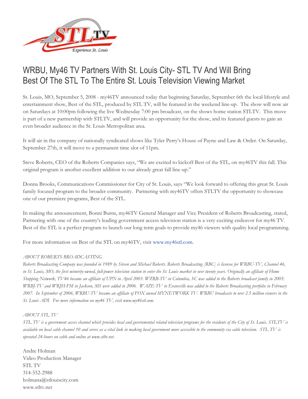 WRBU, My46 TV Partners with St. Louis City- STL TV and Will Bring Best of the STL to the Entire St