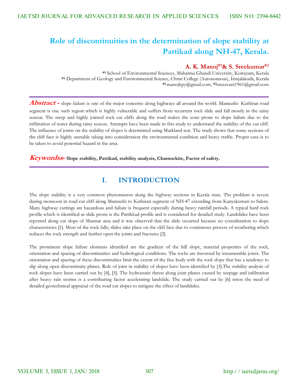 Role of Discontinuities in the Determination of Slope Stability at Pattikad Along NH-47, Kerala