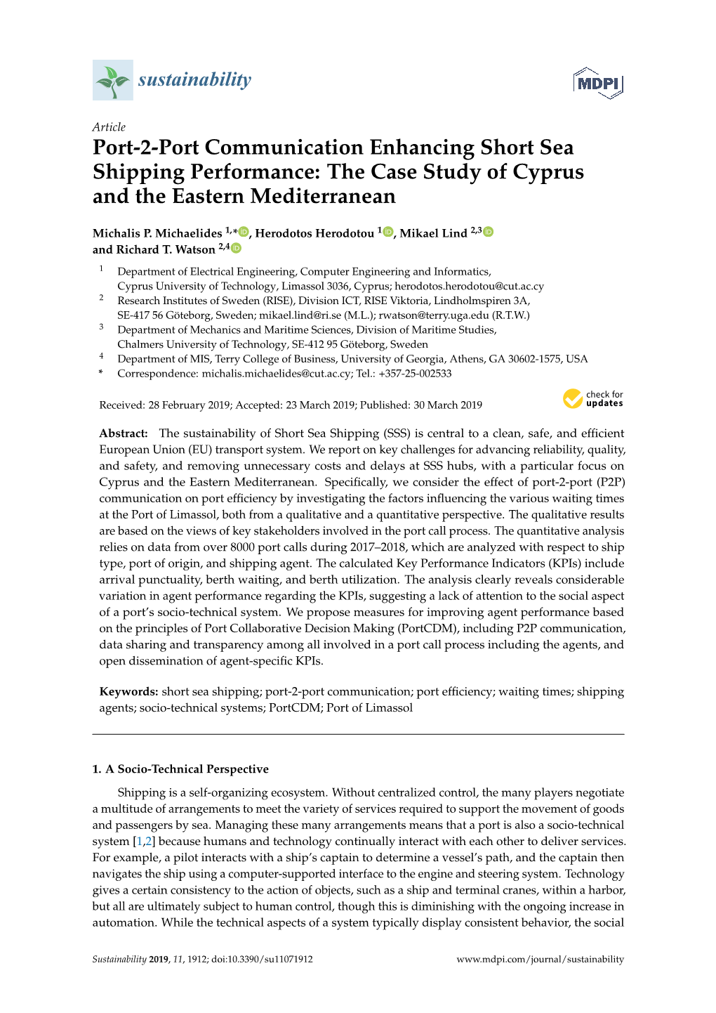 Port-2-Port Communication Enhancing Short Sea Shipping Performance: the Case Study of Cyprus and the Eastern Mediterranean