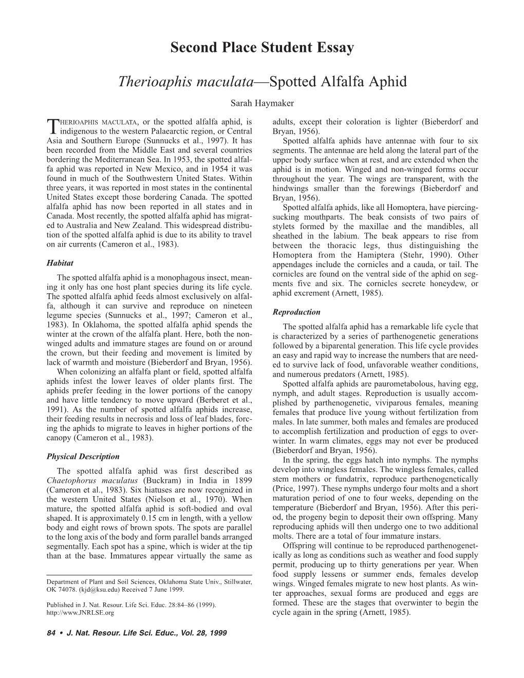 Second Place Student Essay Therioaphis Maculata—Spotted