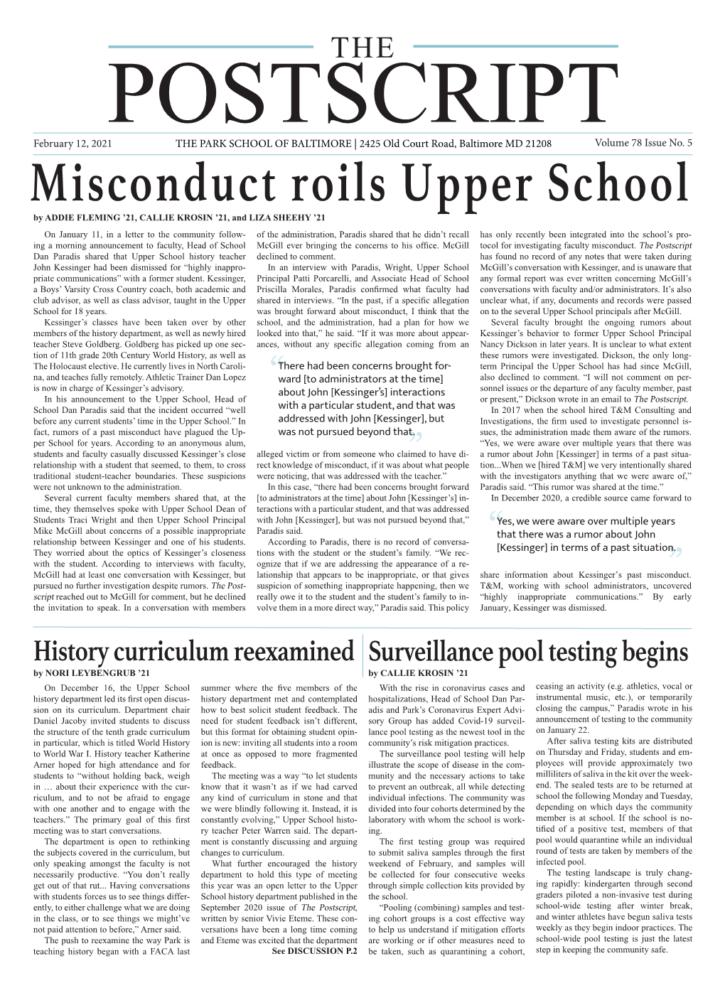 Misconduct Roils Upper School February 12, 2021 This Information on to Caution New Stu- on Page One