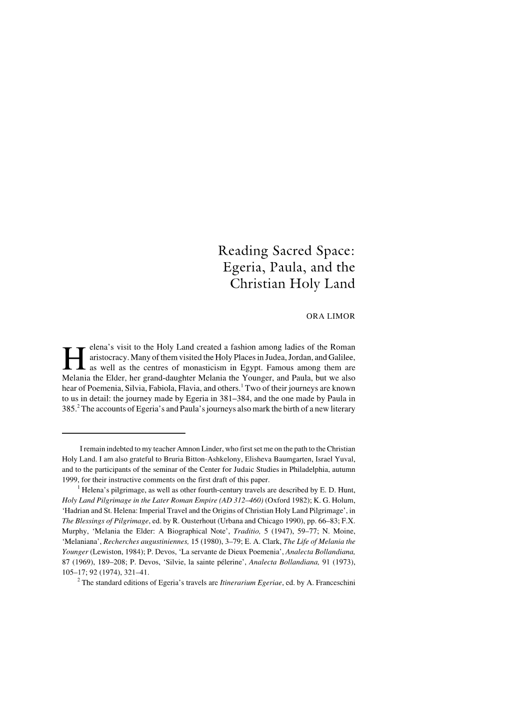 Reading Sacred Space: Egeria, Paula, and the Christian Holy Land