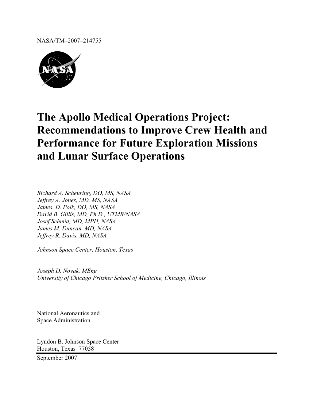 The Apollo Medical Operations Project: Recommendations to Improve Crew Health and Performance for Future Exploration Missions and Lunar Surface Operations