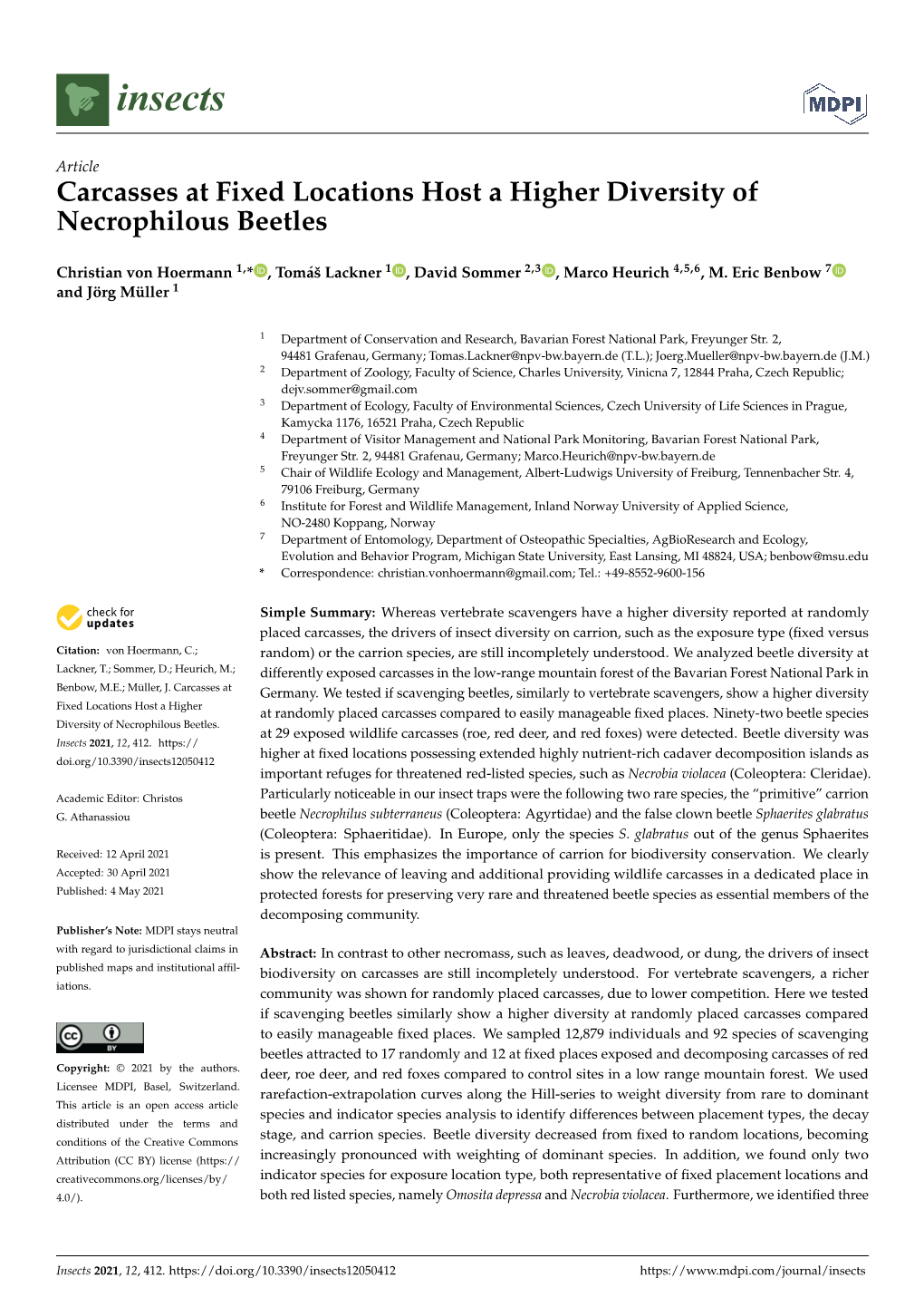 Carcasses at Fixed Locations Host a Higher Diversity of Necrophilous Beetles