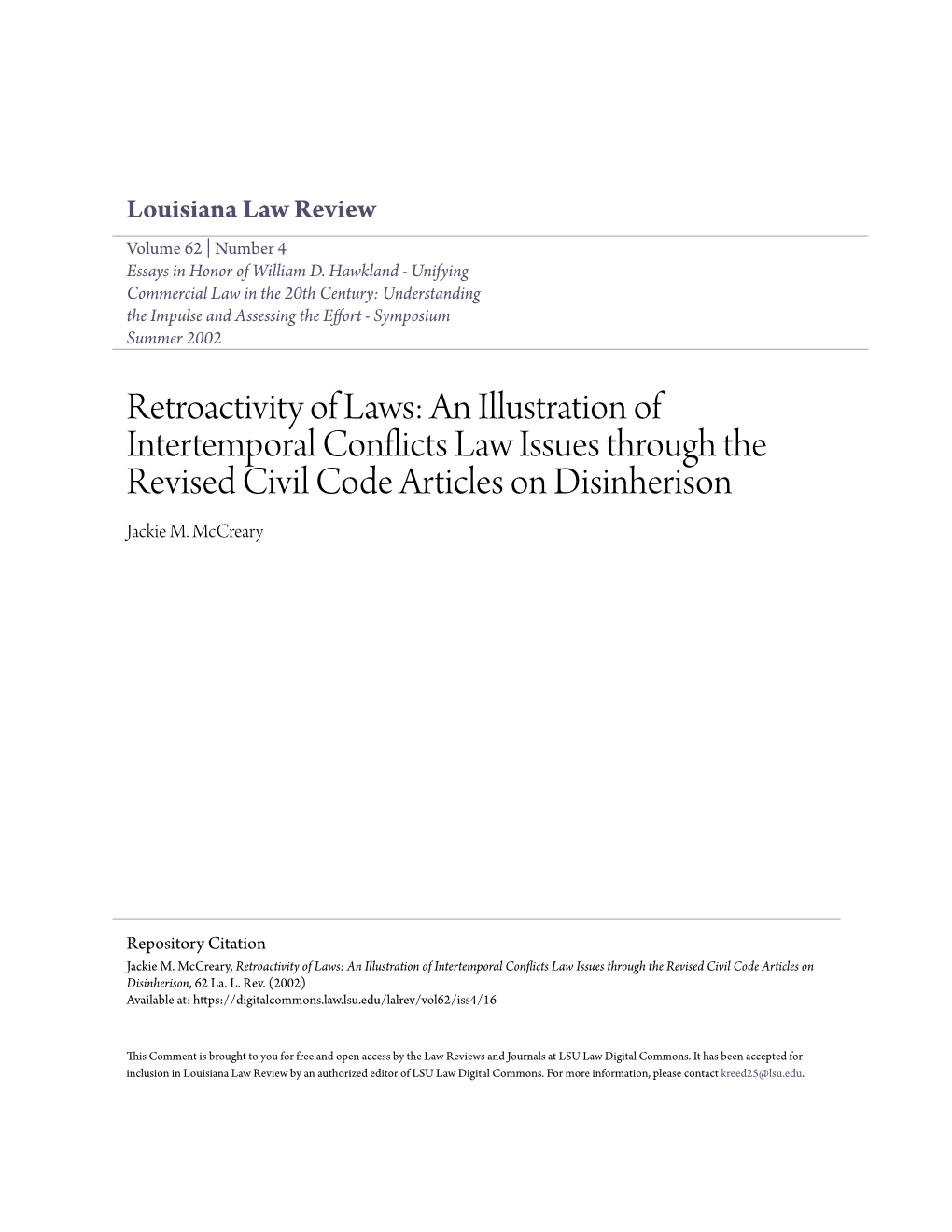 Retroactivity of Laws: an Illustration of Intertemporal Conflicts Law Issues Through the Revised Civil Code Articles on Disinherison Jackie M