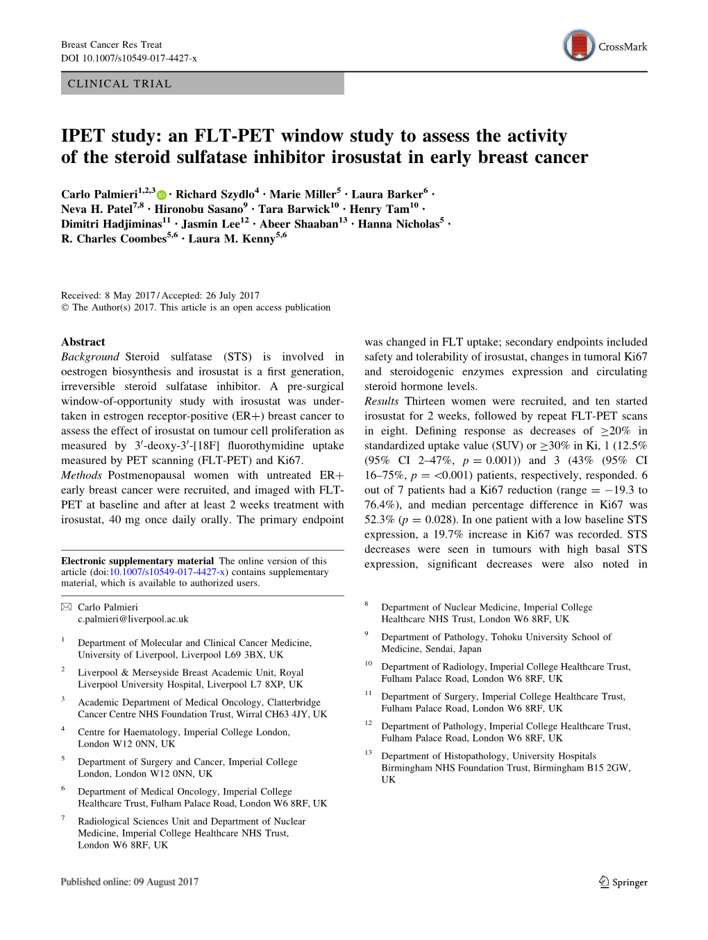 An FLT-PET Window Study to Assess the Activity of the Steroid Sulfatase Inhibitor Irosustat in Early Breast Cancer