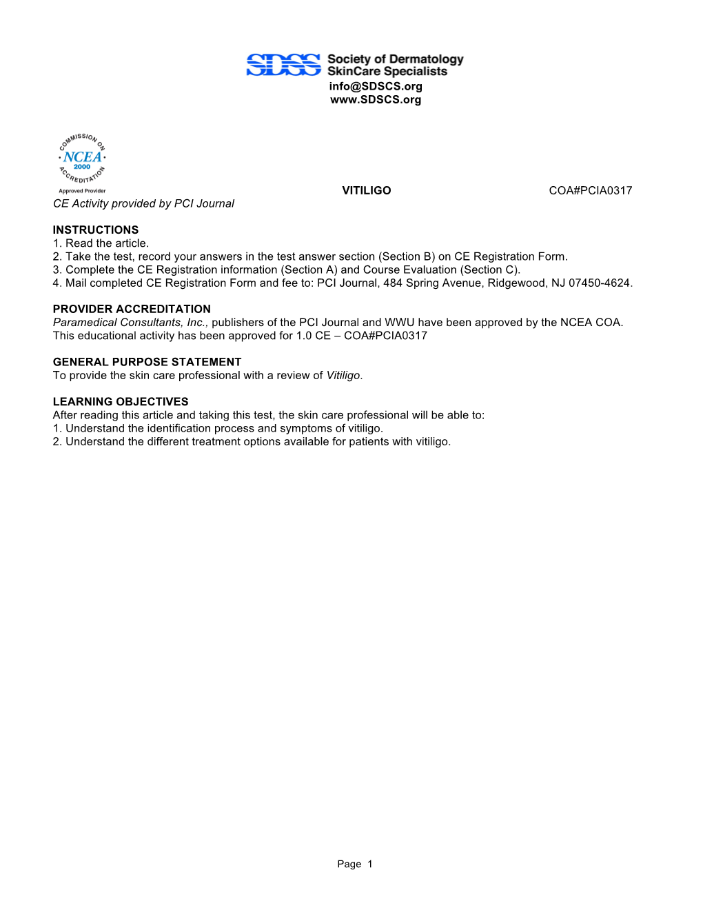 VITILIGO COA#PCIA0317 CE Activity Provided by PCI Journal