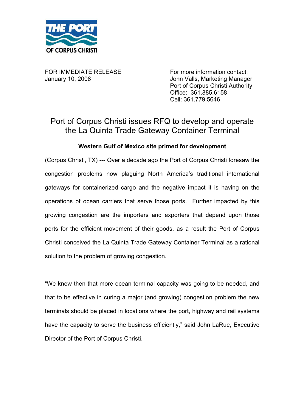 Port of Corpus Christi Issues RFQ to Develop and Operate the La Quinta Trade Gateway Container Terminal