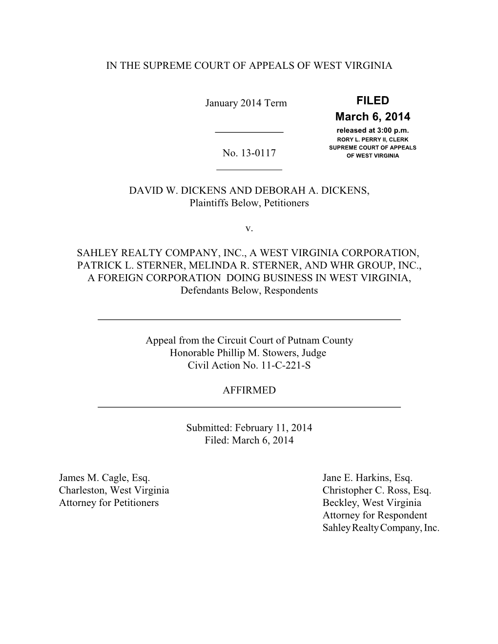 Opinion, David W. and Deborah A. Dickens V. Sahley Realty, Et Al., No