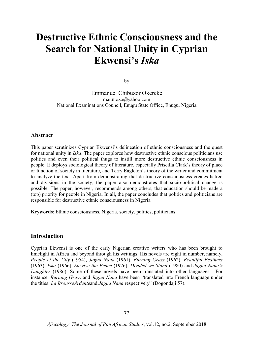 Destructive Ethnic Consciousness and the Search for National Unity in Cyprian Ekwensi’S Iska