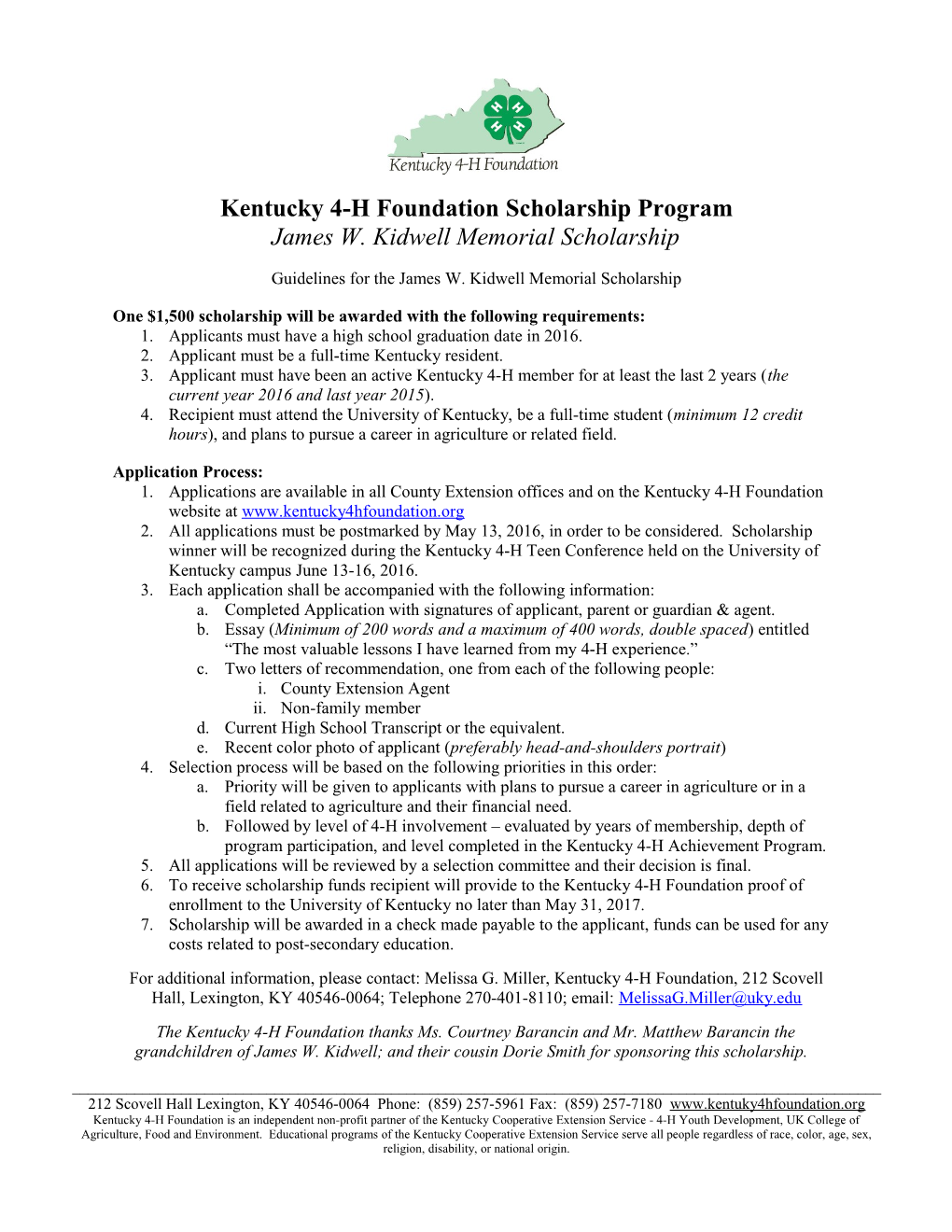 Kentucky 4-H Foundation Scholarship Program