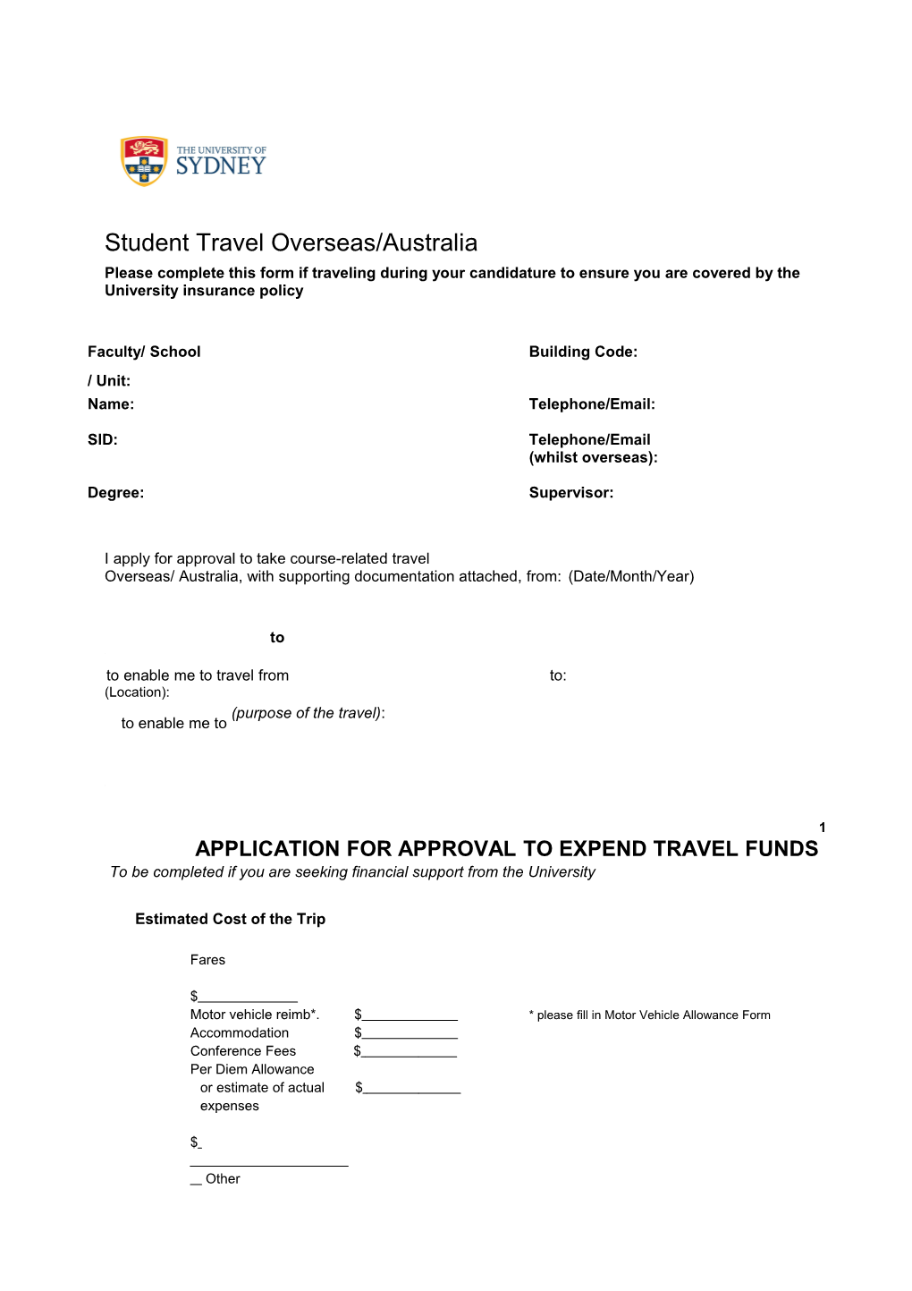 Draft Student Travel Form 24 October 2005