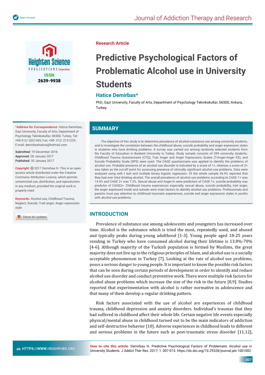Predictive Psychological Factors of Problematic Alcohol Use in University Students