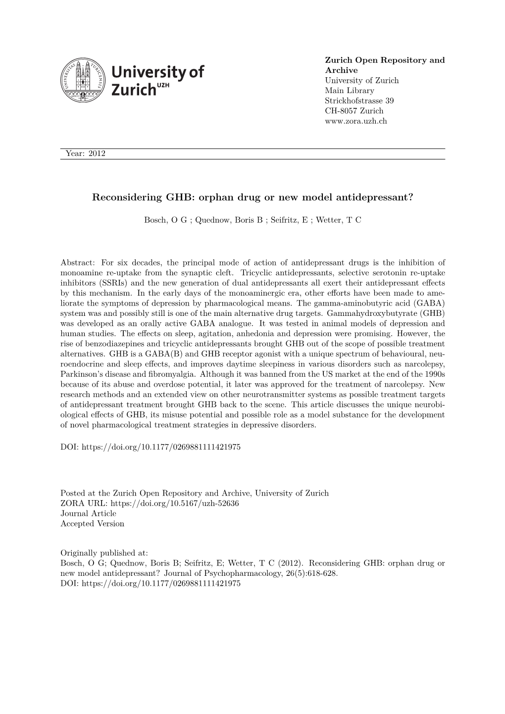 Reconsidering GHB: Orphan Drug Or New Model Antidepressant?