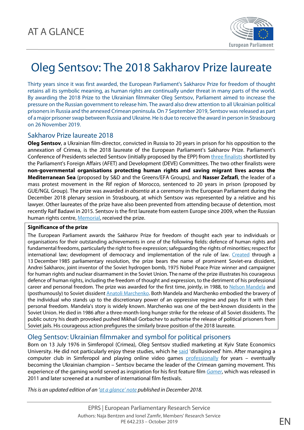 Oleg Sentsov: the 2018 Sakharov Prize Laureate