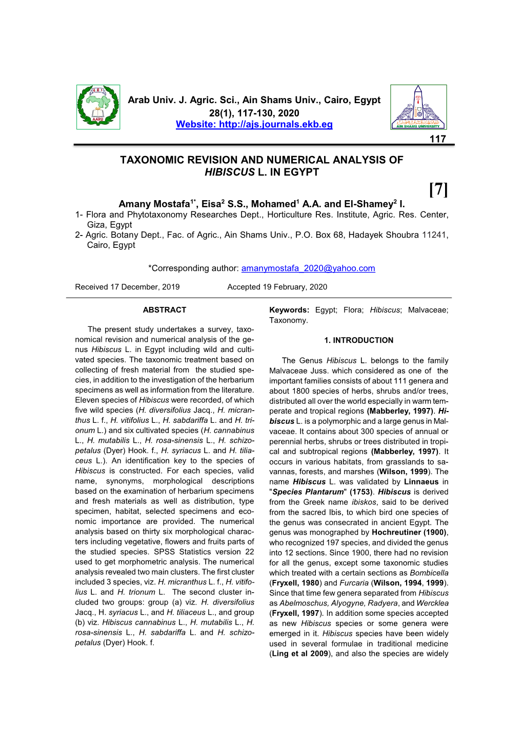 Taxonomic Revision and Numerical Analysis of Hibiscus L