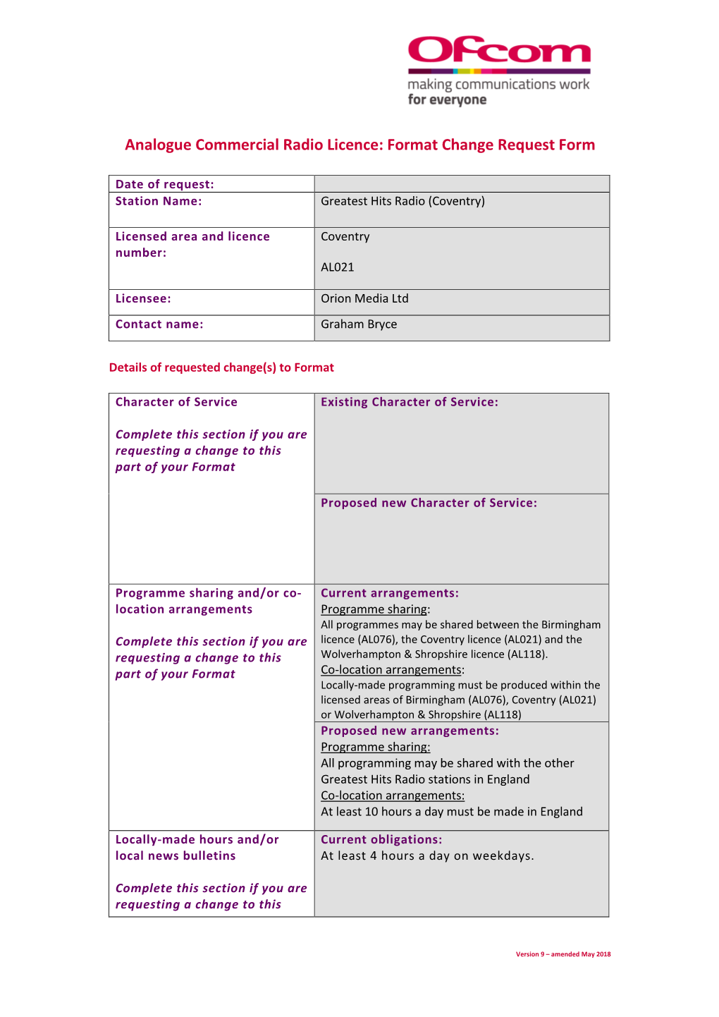 Analogue Commercial Radio Licence: Format Change Request Form