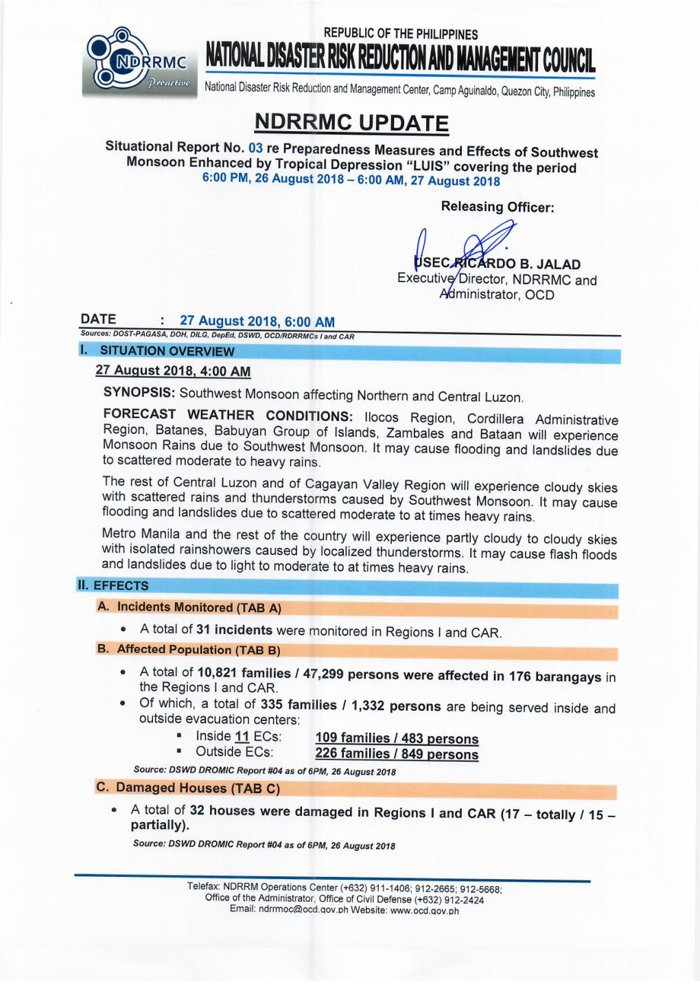 Sitrep No.03 As of 27 August 2018