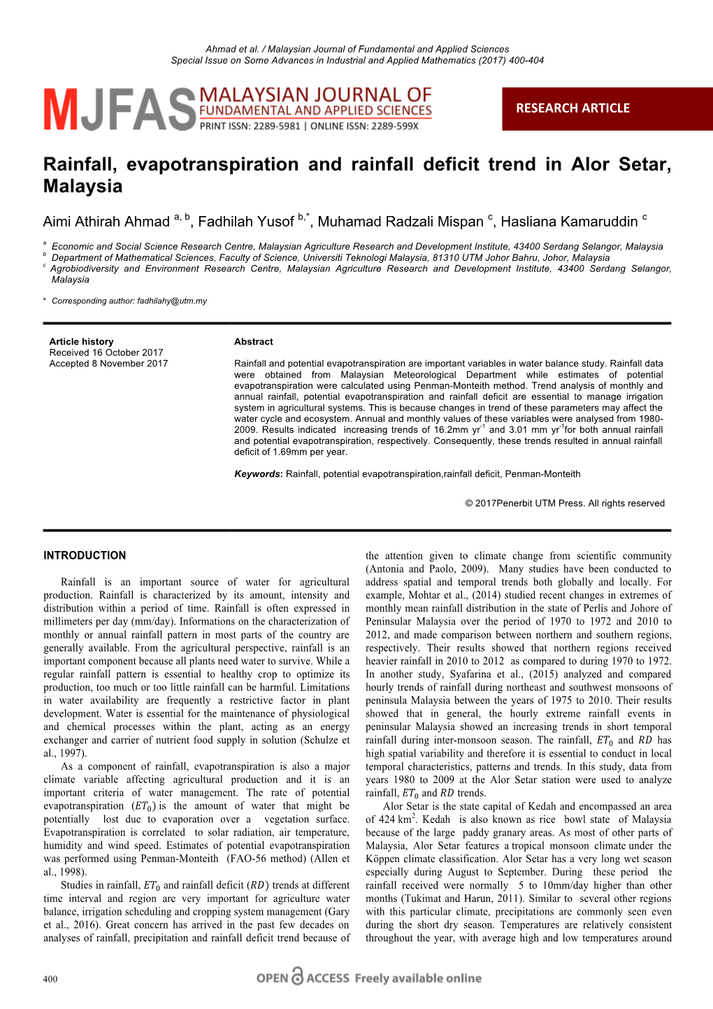 Rainfall, Evapotranspiration and Rainfall Deficit Trend in Alor Setar, Malaysia