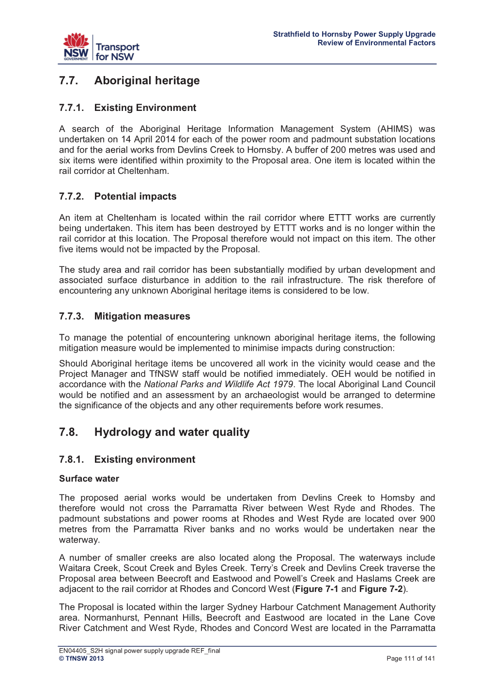 7.7. Aboriginal Heritage 7.8. Hydrology and Water Quality