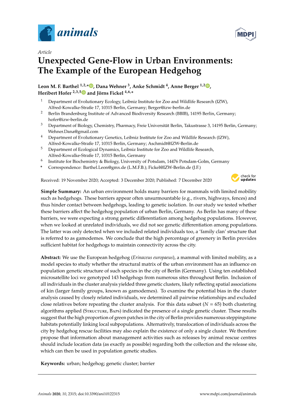 Unexpected Gene-Flow in Urban Environments: the Example of the European Hedgehog