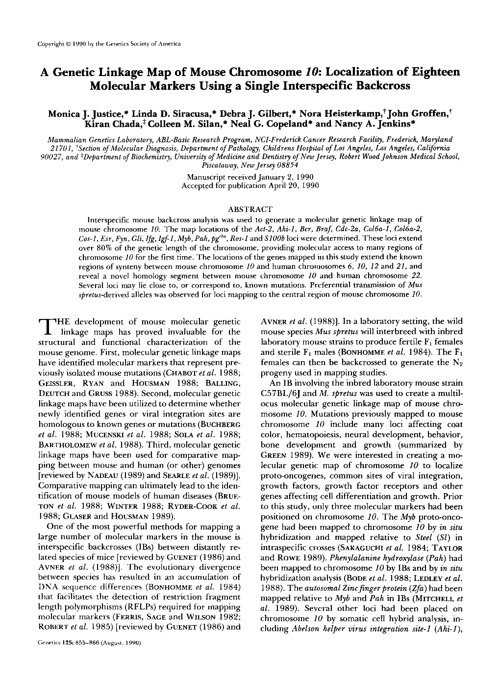 A Genetic Linkage Map of Mouse Chromosome 10: Localization of Eighteen Molecular Markers Using a Single Interspecific Backcross