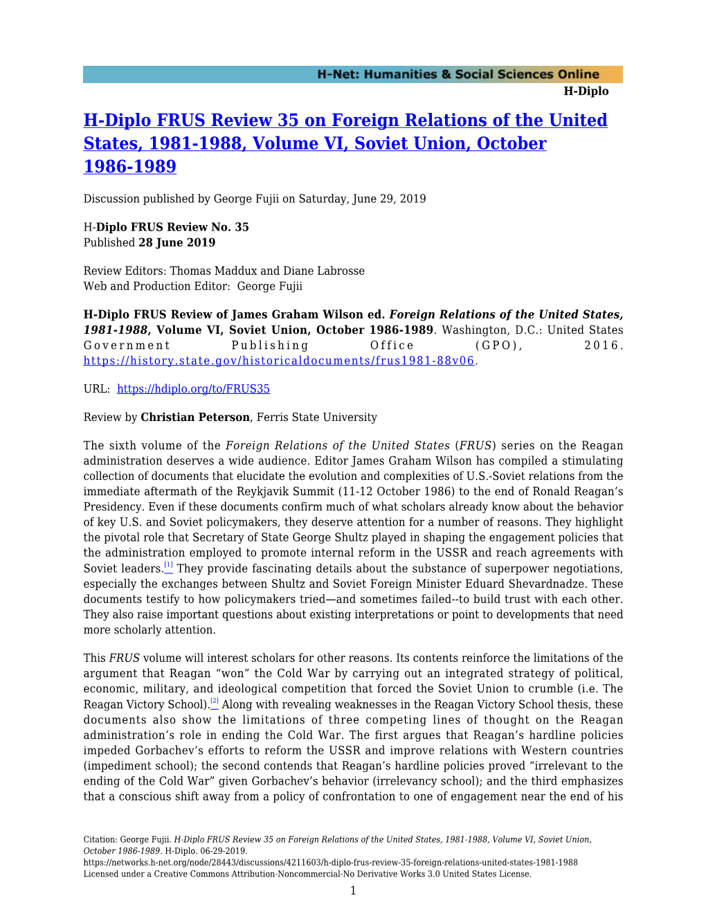 H-Diplo FRUS Review 35 on Foreign Relations of the United States, 1981-1988, Volume VI, Soviet Union, October 1986-1989