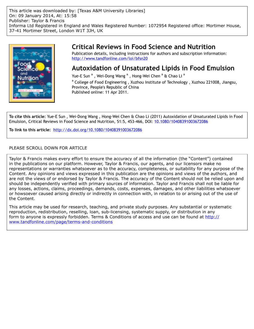 Critical Reviews in Food Science and Nutrition Autoxidation Of