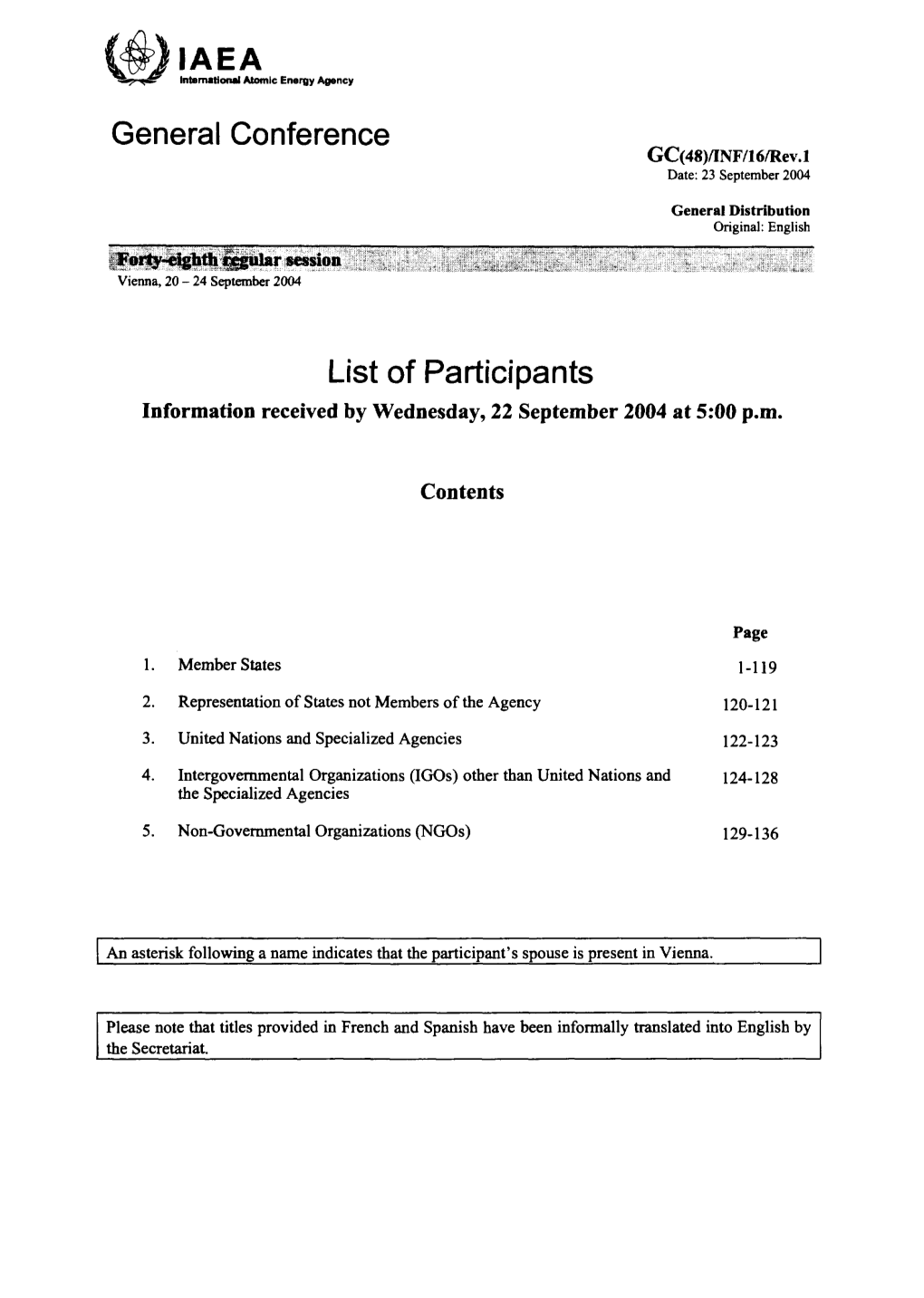 List of Participants Information Received by Wednesday, 22 September 2004 at 5:00 P.M